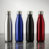 A drink bottle collection featuring silver, blue, black, and red metal designs with a sleek, smooth finish.