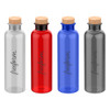 A drink bottle collection featuring clear, red, blue, and black options, each with a cork lid and a logo.