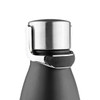 A drink bottle with a sleek, matte black finish and a stainless steel lid featuring a secure clasp.
