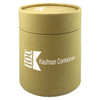 A cylindrical, kraft paper gift tube with a lid, featuring a logo on the front.