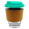 A glass coffee cup featuring a cork sleeve and a teal silicone lid. It includes a brand logo.