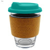 A glass coffee cup with a teal lid and cork sleeve, featuring a simple design and transparent body.