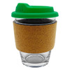 A reusable glass coffee cup with a cork sleeve and a green lid. Features a transparent design.