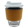 A glass coffee cup with a white lid and cork sleeve, showcasing a clear glass body.