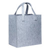 A grey felt tote bag with sturdy handles and a simple design. It features a logo on one side.