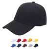 A black six-panel heavy cotton cap with a curved brim, featuring various colour options below.