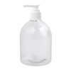 A clear plastic pump bottle containing 500ml of hand sanitiser gel with 75% alcohol.