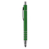 A green metal stylus pen with a silver clip and accents. The pen features a sleek, modern design.