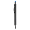 A black stylus pen with a blue tip and a clip for easy attachment. It features a sleek design and a branding logo.