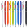 A collection of ten stylus pens in various colours, including red, orange, yellow, green, blue, silver, and black, with logos.