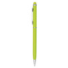 A green stylus pen with a shiny clip and tip. It features a smooth finish and a branding logo.