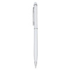 A stylus pen in white with silver detailing and a clip, featuring a smooth, sleek design.
