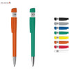 A USB pen with a metal tip in orange and green, alongside additional pens in various colours. It features a logo.