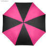 A golf umbrella in hot pink and black, featuring a modern design and a logo on the handle.