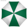 A golf umbrella in white and forest green, featuring an eight-panel design and a central hub.