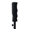 A black golf umbrella handle featuring a textured grip and a locking mechanism for stability.
