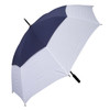 A navy and white umbrella with a black handle, featuring a logo on the canopy.