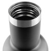 A drink bottle in matte black with a stainless steel rim and threaded opening. It features a logo.