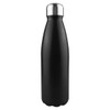 A drink bottle in matte black stainless steel with a shiny silver lid and a branded logo.