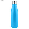 A drink bottle in light blue with a shiny stainless steel cap, featuring a smooth exterior and a logo.