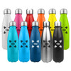 A drink bottle collection featuring shiny stainless steel designs in various vibrant colours with logos on each bottle.