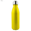A drink bottle in vibrant yellow with a shiny stainless steel lid and a smooth, single-wall finish. It features a logo.