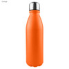 An orange aluminium drink bottle with a shiny silver cap and a smooth finish, featuring a logo.