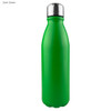 A drink bottle in dark green colour with a shiny silver cap and a logo on the surface.