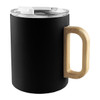 A black coffee mug with a bamboo handle and a transparent lid, featuring a logo on the side.