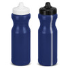 A drink bottle in navy blue with a white and a black cap, featuring a logo on each bottle.