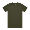 An olive green t-shirt with a crew neck and short sleeves, featuring a logo on the label.