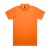 An orange polo shirt with a collar and short sleeves, featuring a logo on the neck.