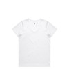 A white V-neck t-shirt with short sleeves and a logo.