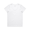 A white V-neck T-shirt featuring short sleeves and a tagless neck. The shirt has a logo on the tag.