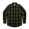 A button-up shirt featuring a green and black check pattern, with a collar and long sleeves. It has a logo.