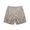 Beige beach shorts with an elastic waistband and white drawstring. Features a logo on the waistband.