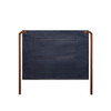Denim half apron in dark blue with a large pocket and brown ties, featuring a logo.