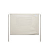 A beige linen half apron featuring a front pocket and ties for fastening, with a logo on the side.