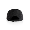A black nylon cap featuring a simple design and adjustable strap in the back. It has a branding logo.