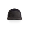 A black two-tone nylon cap with a smooth finish and a curved brim, featuring a logo on the side.