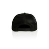 A black trucker cap featuring a mesh back and an adjustable strap, showcasing a simple design with no visible branding.