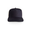 A navy and cream trucker cap featuring a mid-profile design and a logo.