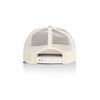 A trucker cap in white with a mesh back and an adjustable strap. Features a logo.