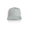 A grey and white trucker cap featuring a blank front panel and a curved brim, complete with a logo.
