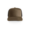 A brown trucker cap with a curved brim and black mesh sides, featuring a branding logo.