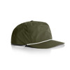A rugged olive-green cap featuring a braided white rope detail and a curved peak, also includes a logo.