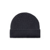 A dark navy beanie with a ribbed texture and folded cuff, featuring a small logo on the side.