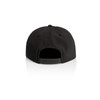 A black cap with a rounded back and an adjustable strap, featuring a logo on the side.