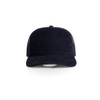A navy blue trucker cap featuring a solid front and mesh sides, with a logo on the front panel.