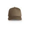 A brown cap with a structured front and adjustable strap at the back, featuring a logo on the side.